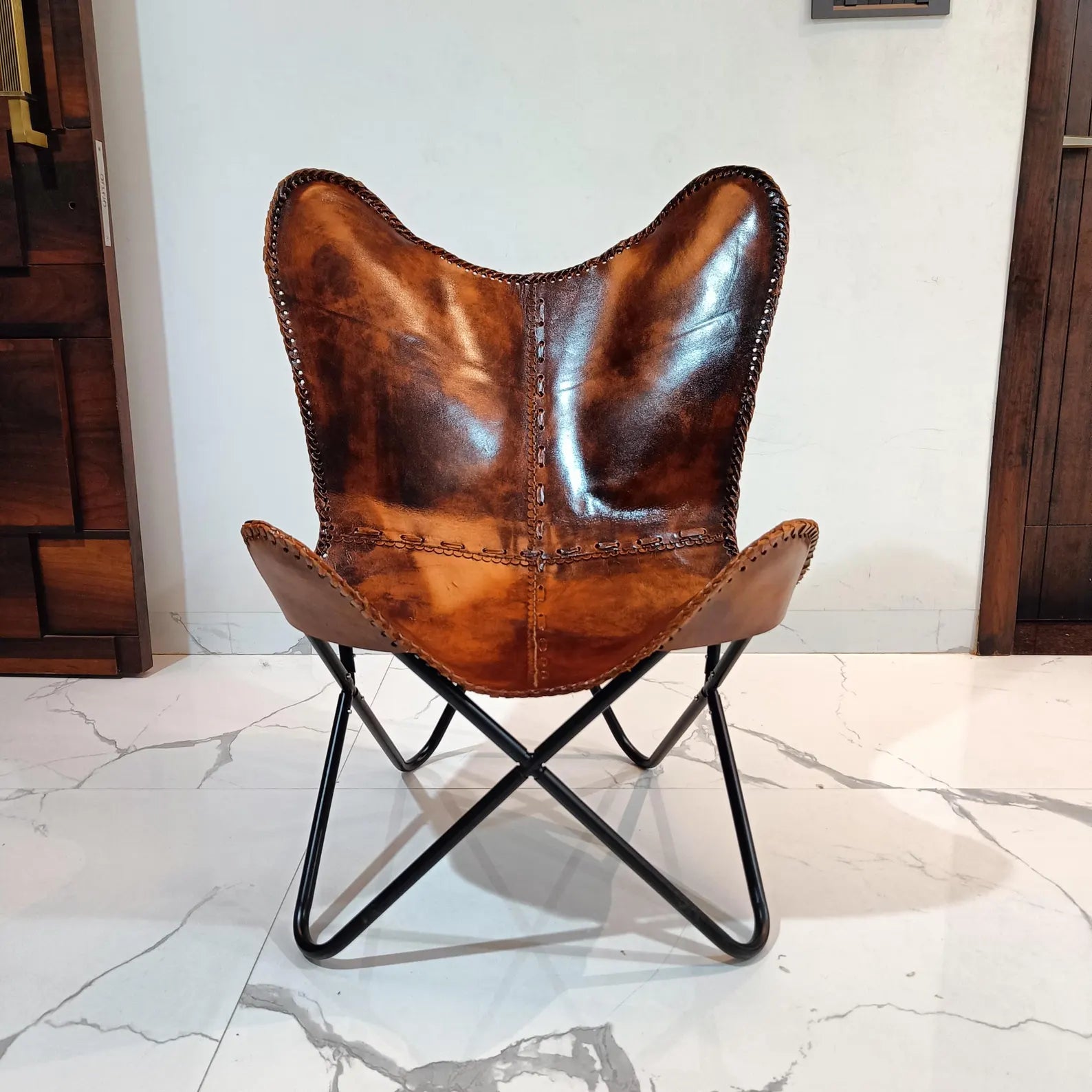 Vintage Leather Butterfly Chair: Handmade BKF Accent Lounge for Living Room, Patio & Outdoor Relaxation