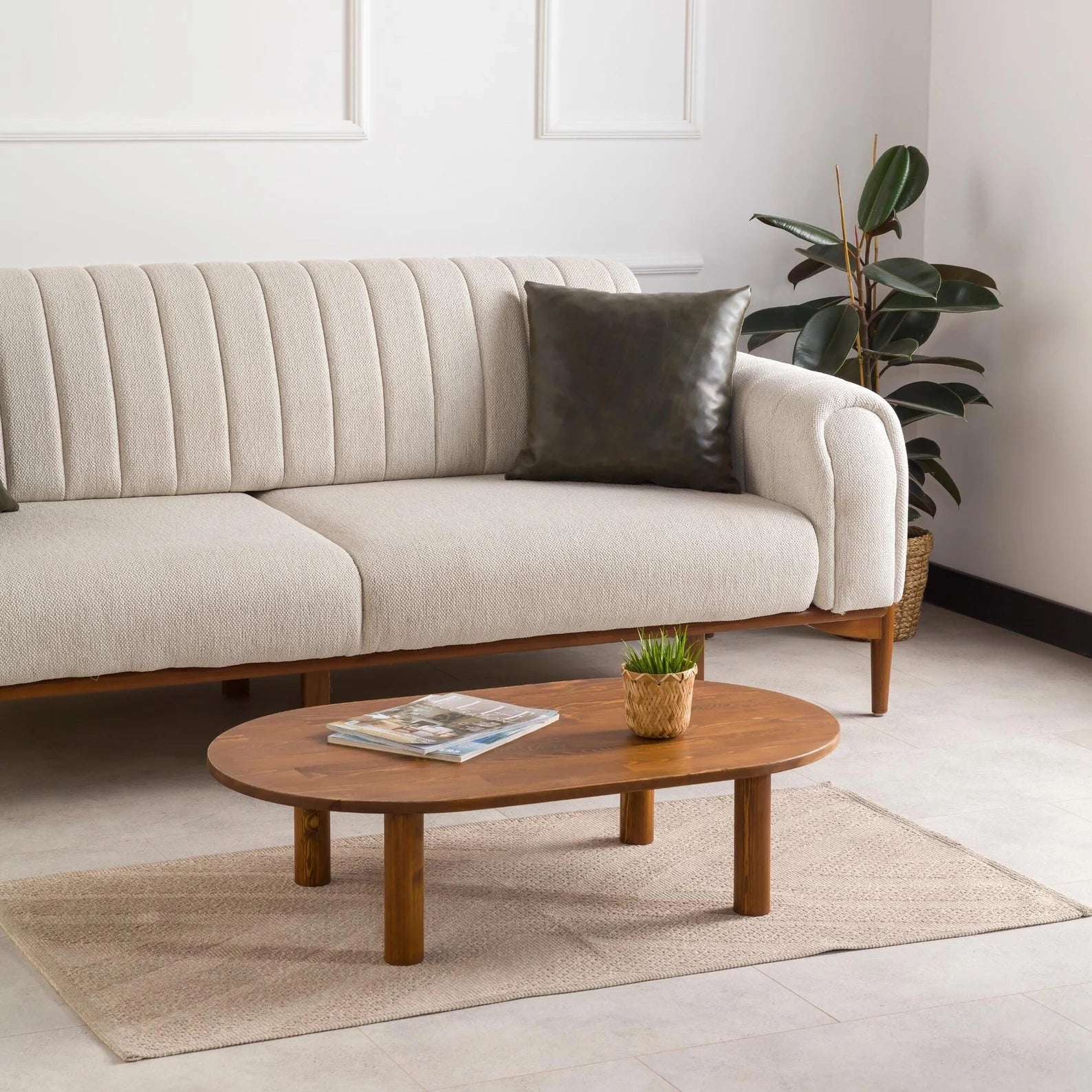 Oval Low Coffee Table, Walnut Wood Side Table with Wood Legs, Midcentury Modern Small Coffee Table Livingroom Furniture, Wooden Center Table