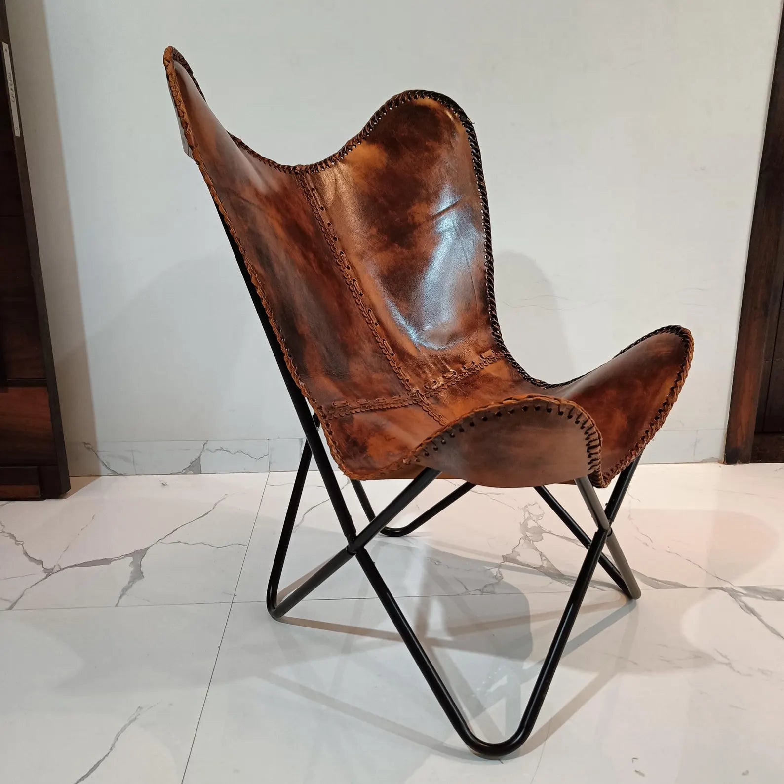 Vintage Leather Butterfly Chair: Handmade BKF Accent Lounge for Living Room, Patio & Outdoor Relaxation