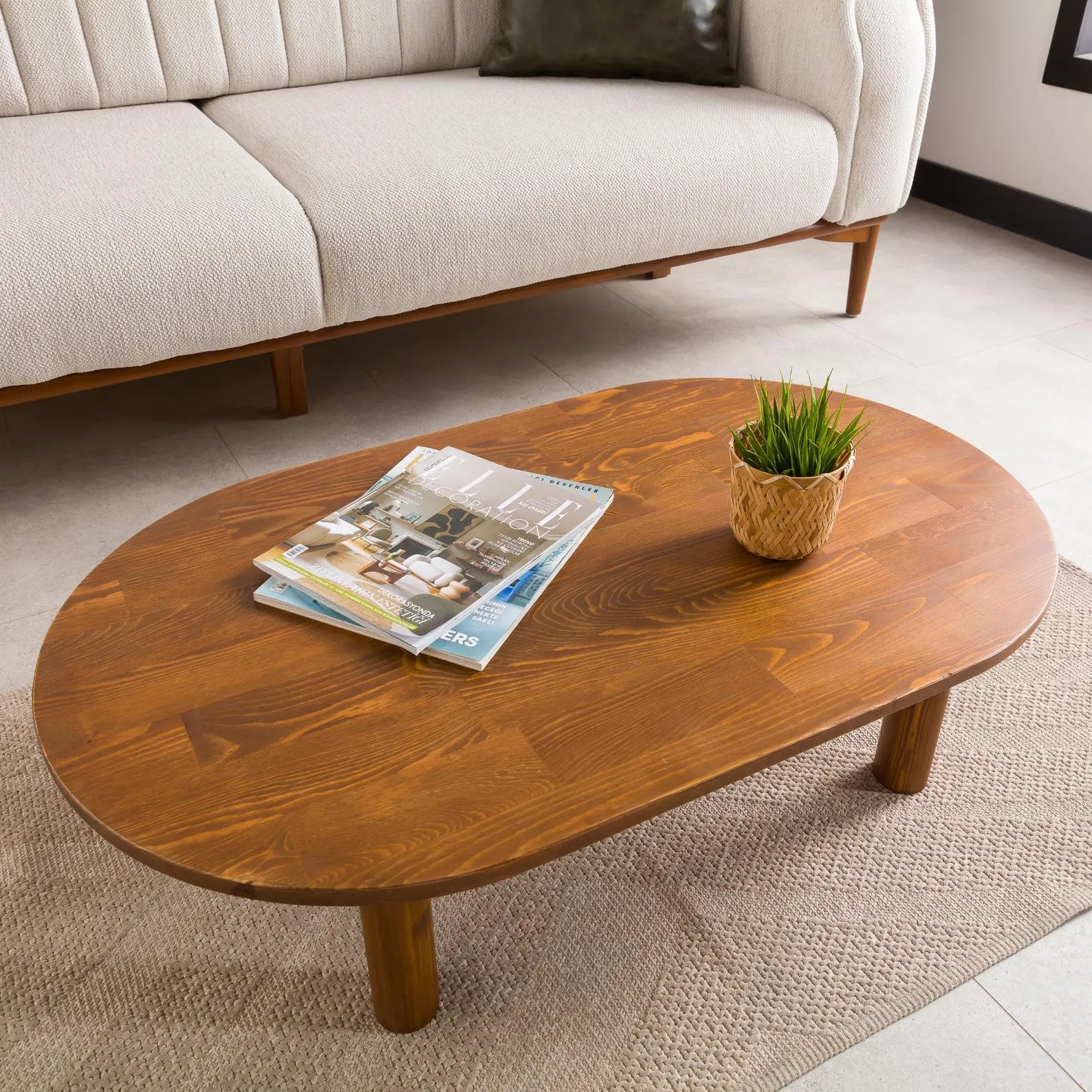 Oval Low Coffee Table, Walnut Wood Side Table with Wood Legs, Midcentury Modern Small Coffee Table Livingroom Furniture, Wooden Center Table
