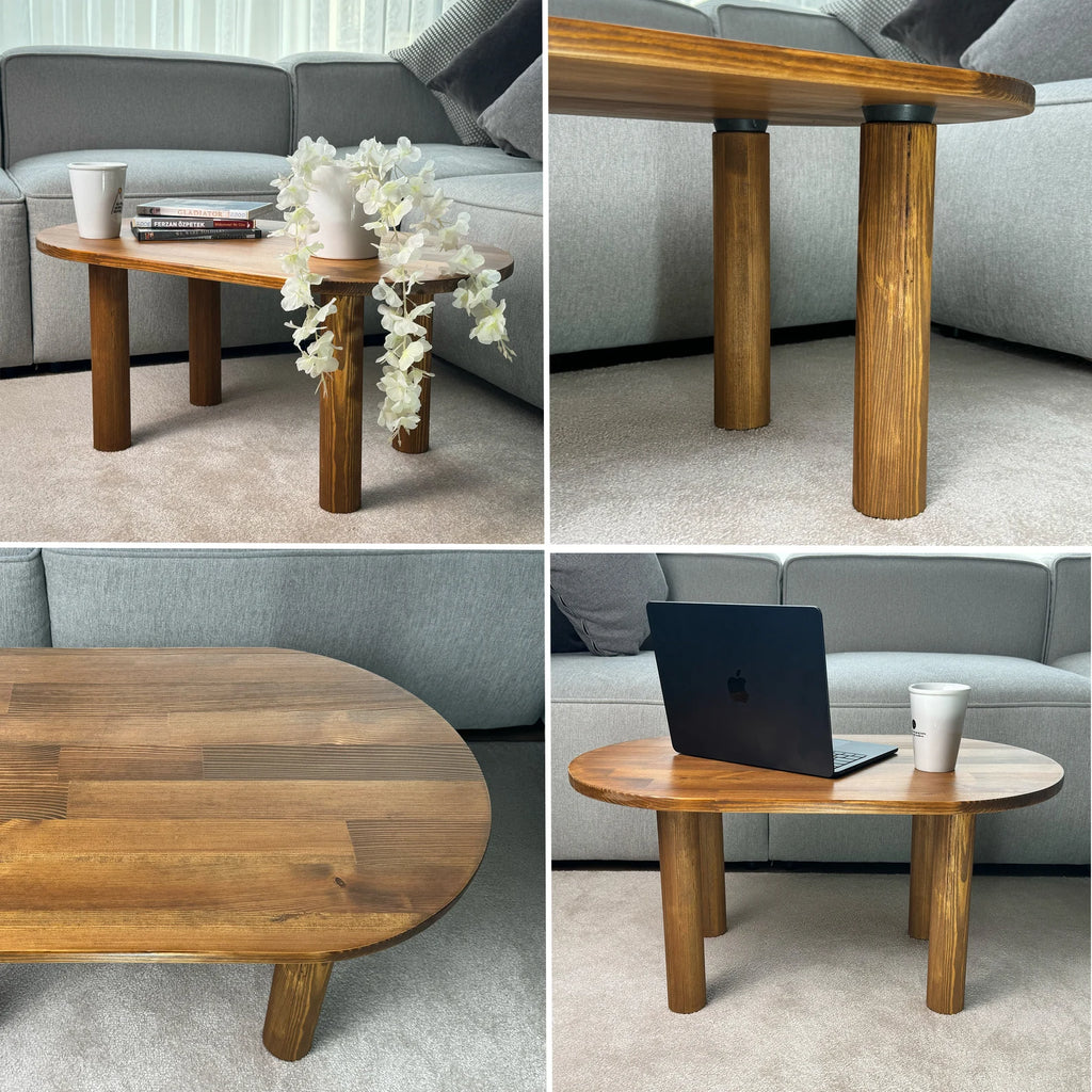 Oval Low Coffee Table, Walnut Wood Side Table with Wood Legs, Midcentury Modern Small Coffee Table Livingroom Furniture, Wooden Center Table